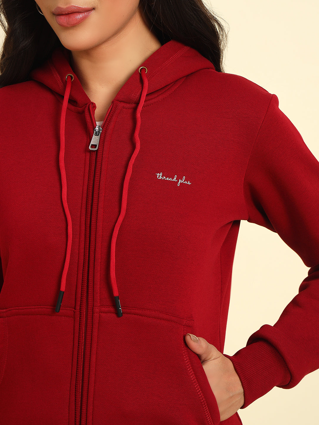 Thread Plus Female Winter Hoodies with Zipper In Maroon