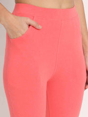 Thread Plus D Pocket Stretchable Solid Cotton Pants for Women Carrot Pink