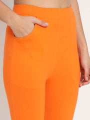 Thread Plus D Pocket Stretchable Solid Cotton Pants for Women Orange