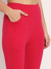 Thread Plus D Pocket Stretchable Solid Cotton Pants for Women Magenta