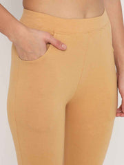 Thread Plus D Pocket Stretchable Solid Cotton Pants for Women Beige