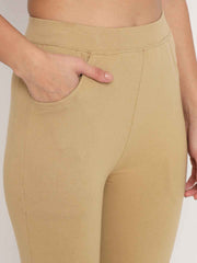 Thread Plus D Pocket Stretchable Solid Cotton Pants for Women Brown