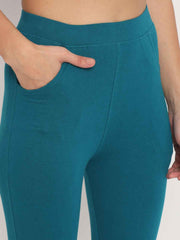 Thread Plus D Pocket Stretchable Solid Cotton Pants for Petrol Blue