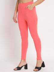 Thread Plus D Pocket Stretchable Solid Cotton Pants for Women Carrot Pink