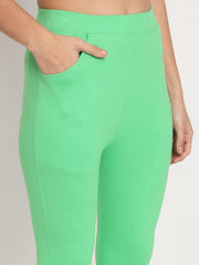 Thread Plus D Pocket Stretchable Solid Cotton Pants for Pista Green