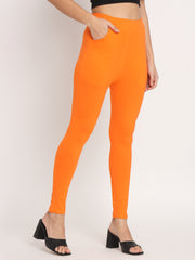 Thread Plus D Pocket Stretchable Solid Cotton Pants for Women Orange