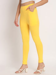 Thread Plus D Pocket Stretchable Solid Cotton Pants for Women Mango Yellow