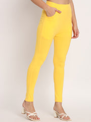 Thread Plus D Pocket Stretchable Solid Cotton Pants for Women Mango Yellow