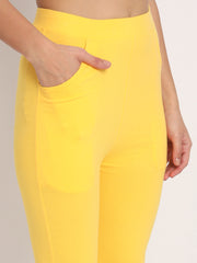 Thread Plus D Pocket Stretchable Solid Cotton Pants for Women Mango Yellow