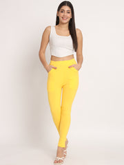 Thread Plus D Pocket Stretchable Solid Cotton Pants for Women Mango Yellow