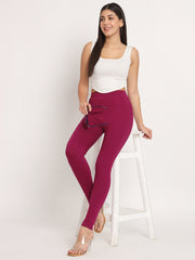 Thread Plus D Pocket Stretchable Solid Cotton Pants for Women Dark Purple