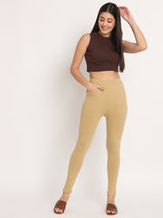 Thread Plus D Pocket Stretchable Solid Cotton Pants for Women Brown