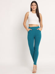 Thread Plus D Pocket Stretchable Solid Cotton Pants for Petrol Blue