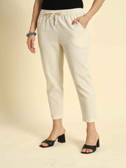 Thread Plus Cotton Flax Kurti Pants for Women Cream