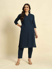 Thread Plus Cotton Flax Set Straight Kurti With Pant In Navy Blue Color For Women