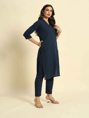 Thread Plus Cotton Flax Set Straight Kurti With Pant In Navy Blue Color For Women