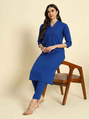 Thread Plus Cotton Flax Set Straight Kurti With Pant In Royal Blue Color For Women