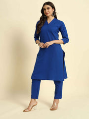 Thread Plus Cotton Flax Set Straight Kurti With Pant In Royal Blue Color For Women