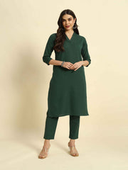 Thread Plus Cotton Flax Set Straight Kurti With Pant In Mehandi Green Color For Women