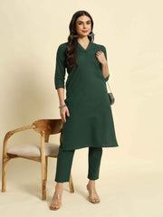 Thread Plus Cotton Flax Set Straight Kurti With Pant In Mehandi Green Color For Women