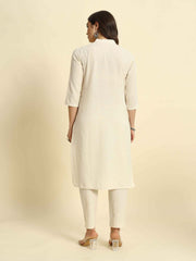 Thread Plus Cotton Flax Set Straight Kurti With Pant In Cream Color For Women