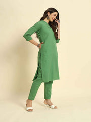 Thread Plus Cotton Flax Set Straight Kurti With Pant In Light Green Color For Women