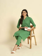 Thread Plus Cotton Flax Set Straight Kurti With Pant In Light Green Color For Women