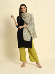 Thread Plus Coffee Yellow Cambric Cotton Dabu Zigzag Print Stole