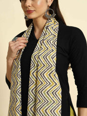 Thread Plus Coffee Yellow Cambric Cotton Dabu Zigzag Print Stole