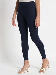 Thread Plus Ankle Length Super Stretchable Solid Cotton Leggings For Women Navy Blue