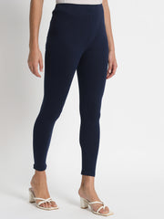 Thread Plus Ankle Length Super Stretchable Solid Cotton Leggings For Women Navy Blue