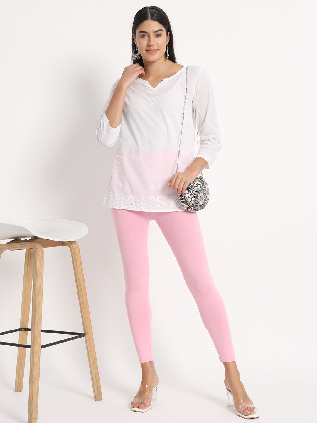 Thread Plus Ankle Length Super Stretchable Solid Cotton Leggings For Women Baby Pink