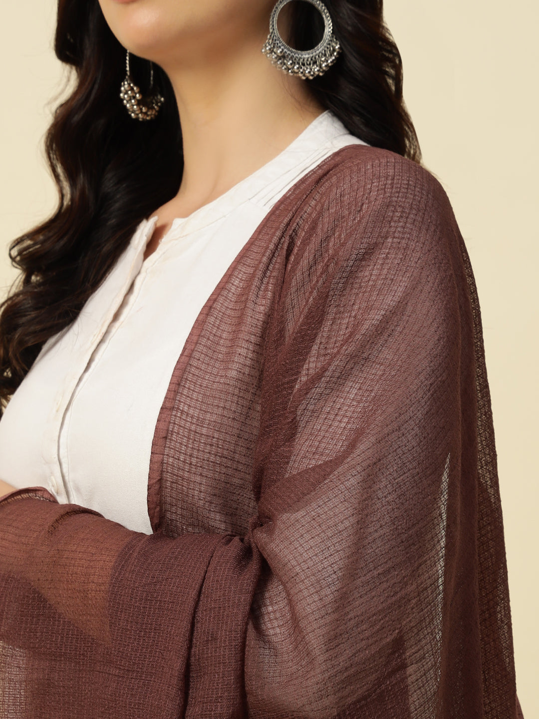 Thread Plus Kota Doria Dupatta In Coffee