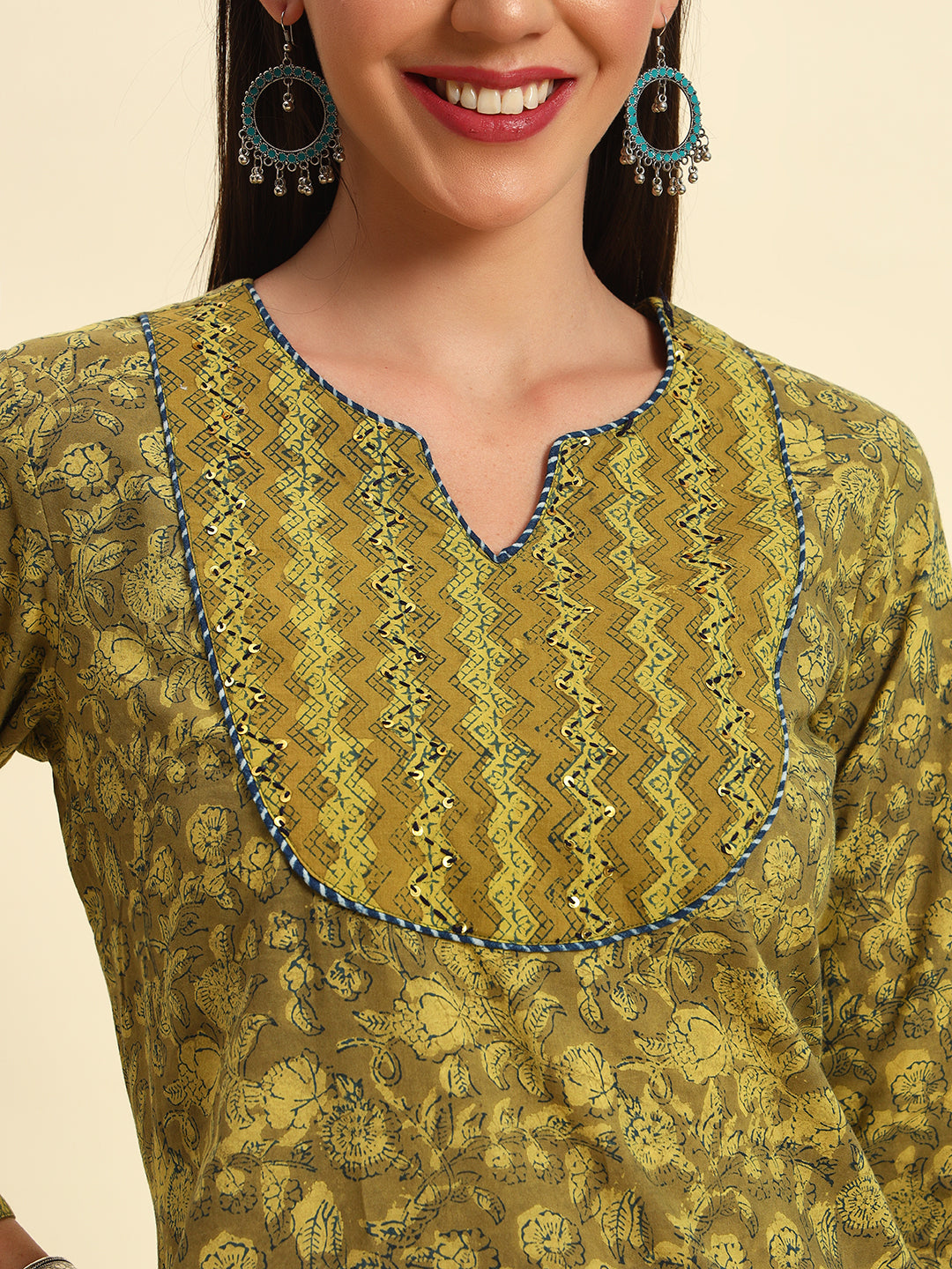 Designer Block Printed Yoke Neck Kurti For Women