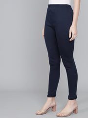 Soft Colors Ankle Length Winter Wear Warm Leggings for Women Navy Blue