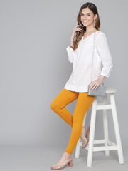 Thread Plus Ankle Length Super Stretchable Solid Cotton Leggings For Women Mustard