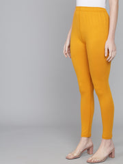 Thread Plus Ankle Length Super Stretchable Solid Cotton Leggings For Women Mustard