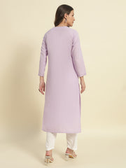 Thread Plus Cotton Flax Solid Colors Straight Kurti With Embroidery In Light Purple For Women