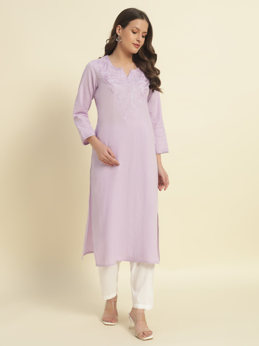 Thread Plus Cotton Flax Solid Colors Straight Kurti With Embroidery In Light Purple For Women