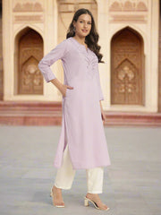 Thread Plus Cotton Flax Solid Colors Straight Kurti With Embroidery In Light Purple For Women