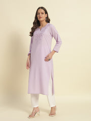 Thread Plus Cotton Flax Solid Colors Straight Kurti With Embroidery In Light Purple For Women