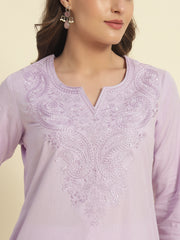 Thread Plus Cotton Flax Solid Colors Straight Kurti With Embroidery In Light Purple For Women