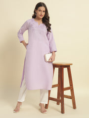 Thread Plus Cotton Flax Solid Colors Straight Kurti With Embroidery In Light Purple For Women