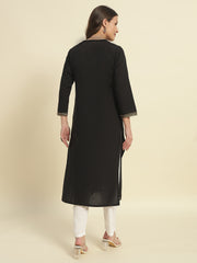 Thread Plus Cotton Flax Solid Colors Straight Kurti With Embroidery In Black For Women