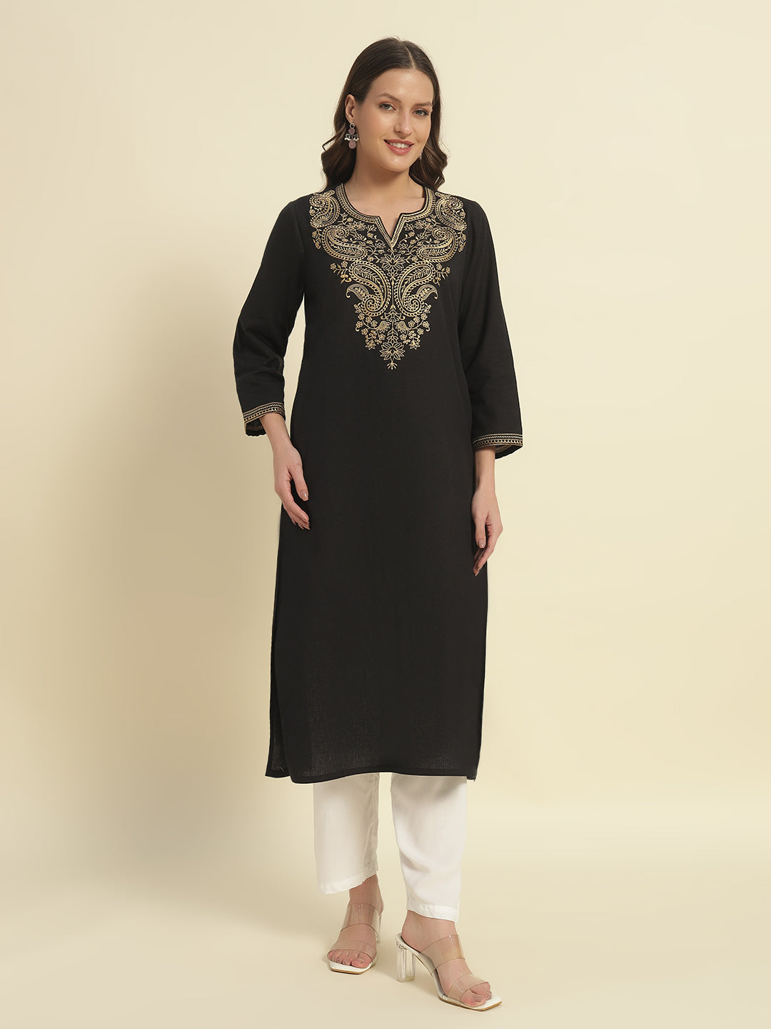 Thread Plus Cotton Flax Solid Colors Straight Kurti With Embroidery In Black For Women