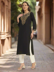 Thread Plus Cotton Flax Solid Colors Straight Kurti With Embroidery In Black For Women