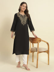 Thread Plus Cotton Flax Solid Colors Straight Kurti With Embroidery In Black For Women