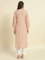 Thread Plus Cotton Flax Solid Colors Straight Kurti With Embroidery In Onion Pink For Women