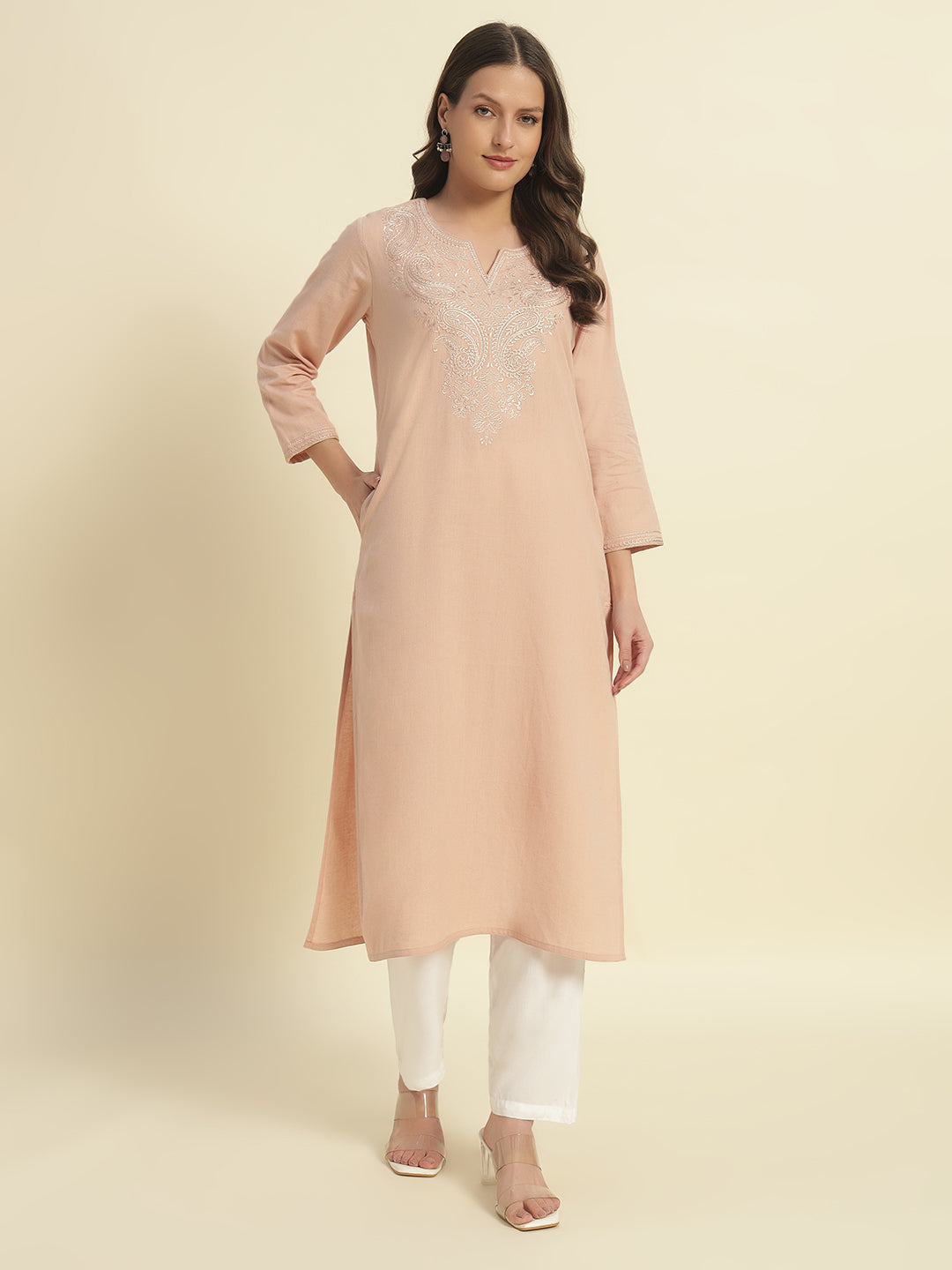 Thread Plus Cotton Flax Solid Colors Straight Kurti With Embroidery In Onion Pink For Women