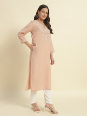 Thread Plus Cotton Flax Solid Colors Straight Kurti With Embroidery In Onion Pink For Women